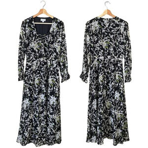 Belle Sky Women's Medium Balloon Sleeve Boho Floral Tie V-Neck Maxi Dress Black